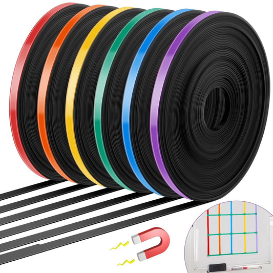 6 Rolls Magnetic Tape Roll Thin Strips, 33 ft Magnetic Whiteboard Graphic Decorative Tape Marking Line Magnet Board Dividers for Classroom Office Art Accessories(Mix Color,0.24 Inch)