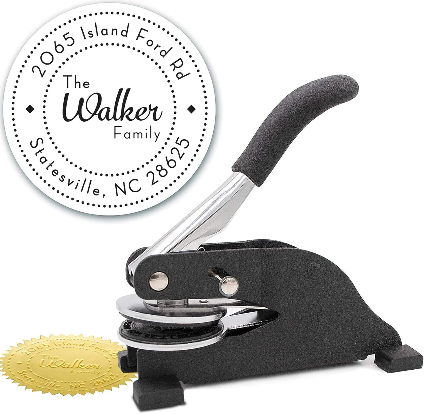 Custom Monogram Address Desk Embosser - Personalized Round Seal with 50 Gold Seal Labels - Style EMD-023