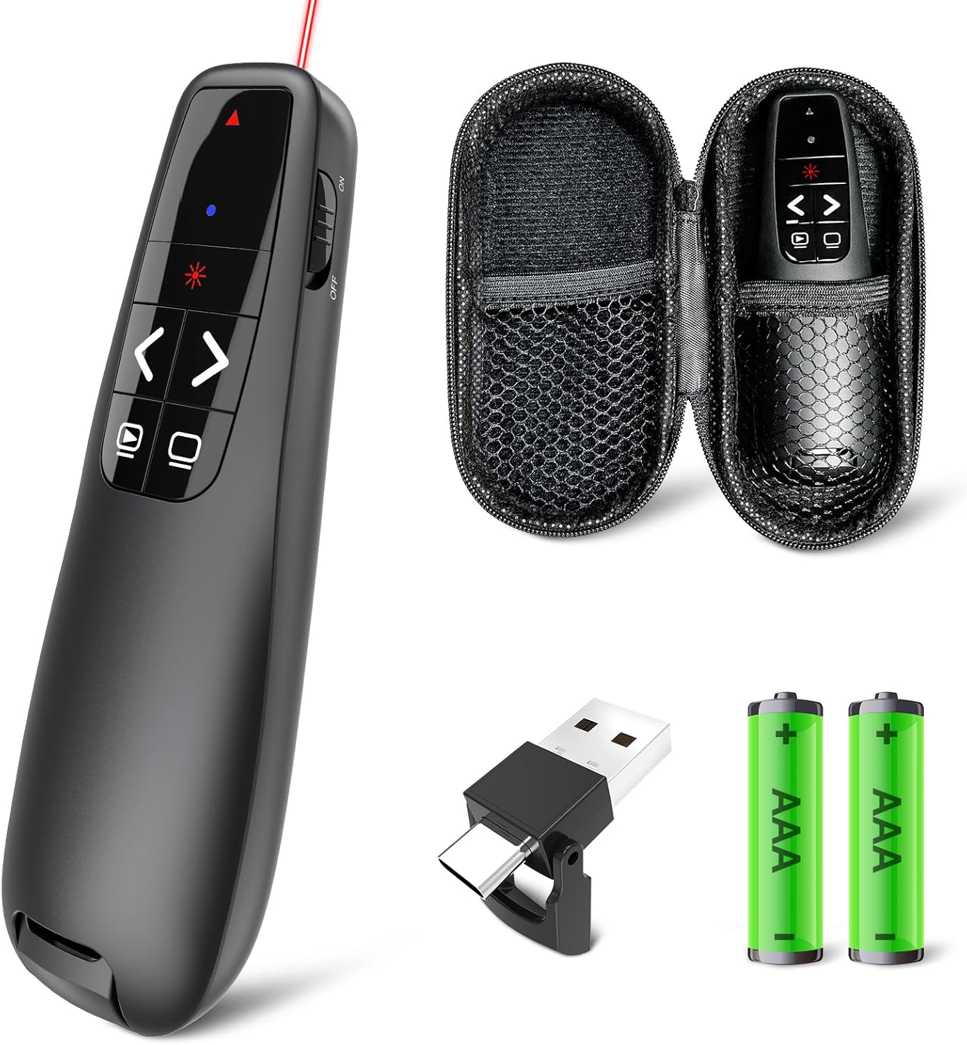 Presentation Clicker with Case Storage: Wireless Presenter Remote: Red Laser Pointer Computer Clickers, USB C PowerPoint PPT Clicker for Mac Laptop, Slideshow Google Slide Advancer