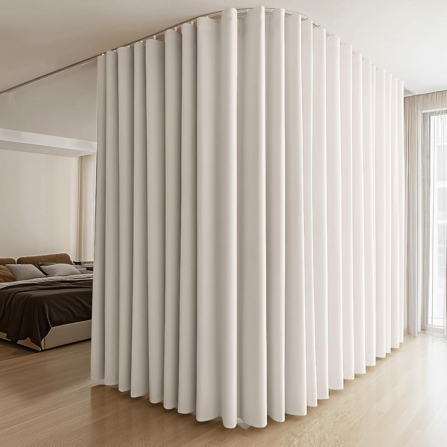 Room Divider Curtains & Flexible Bendable Tracks Set,Privacy Dividers Ceiling Track Curtain Window Blackout Curtains for Living Room Bedroom (W100 × H84 in 1 Panel Beige Drape & White Rail)