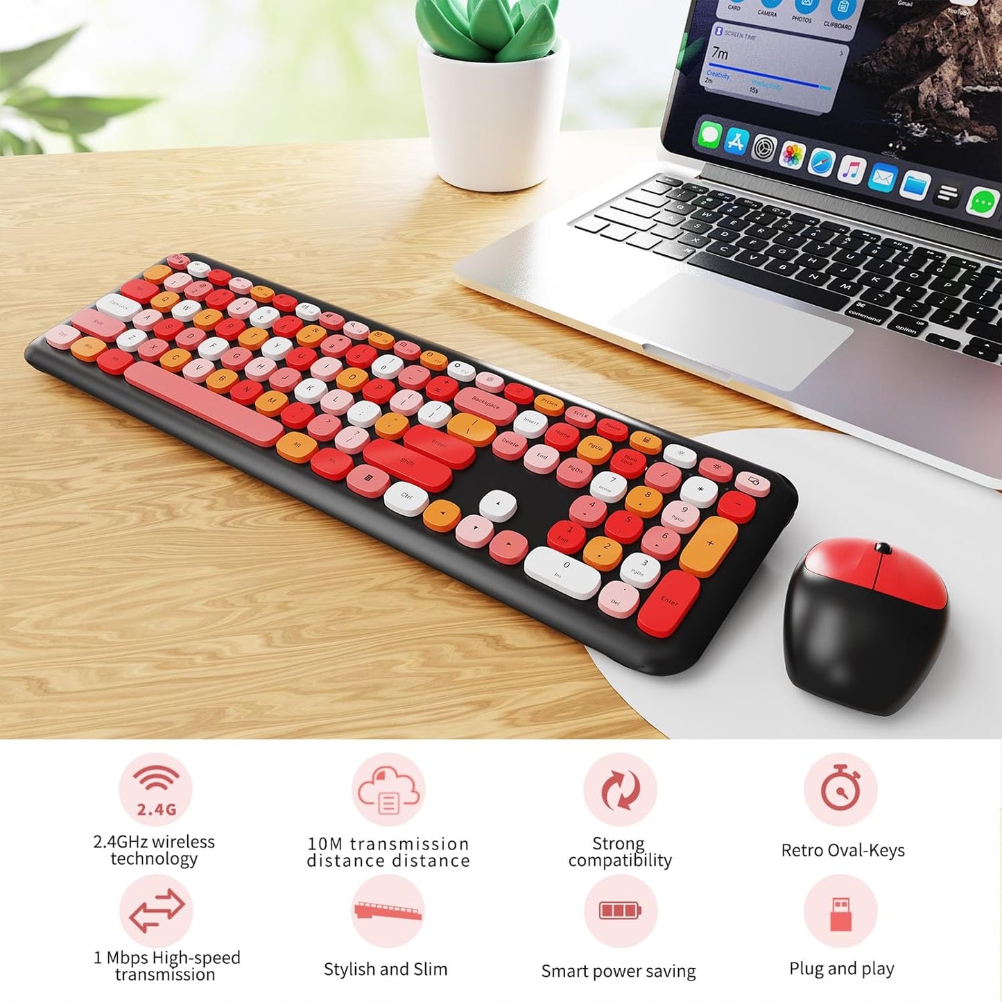 Wireless Keyboard and Mouse Combo, Colorful Ergonomic Full Size Retro Low-Noise Keyboard with Cute keycaps, Compatible with Windows, PC, Perfer for Home and Office Keyboards (Black)