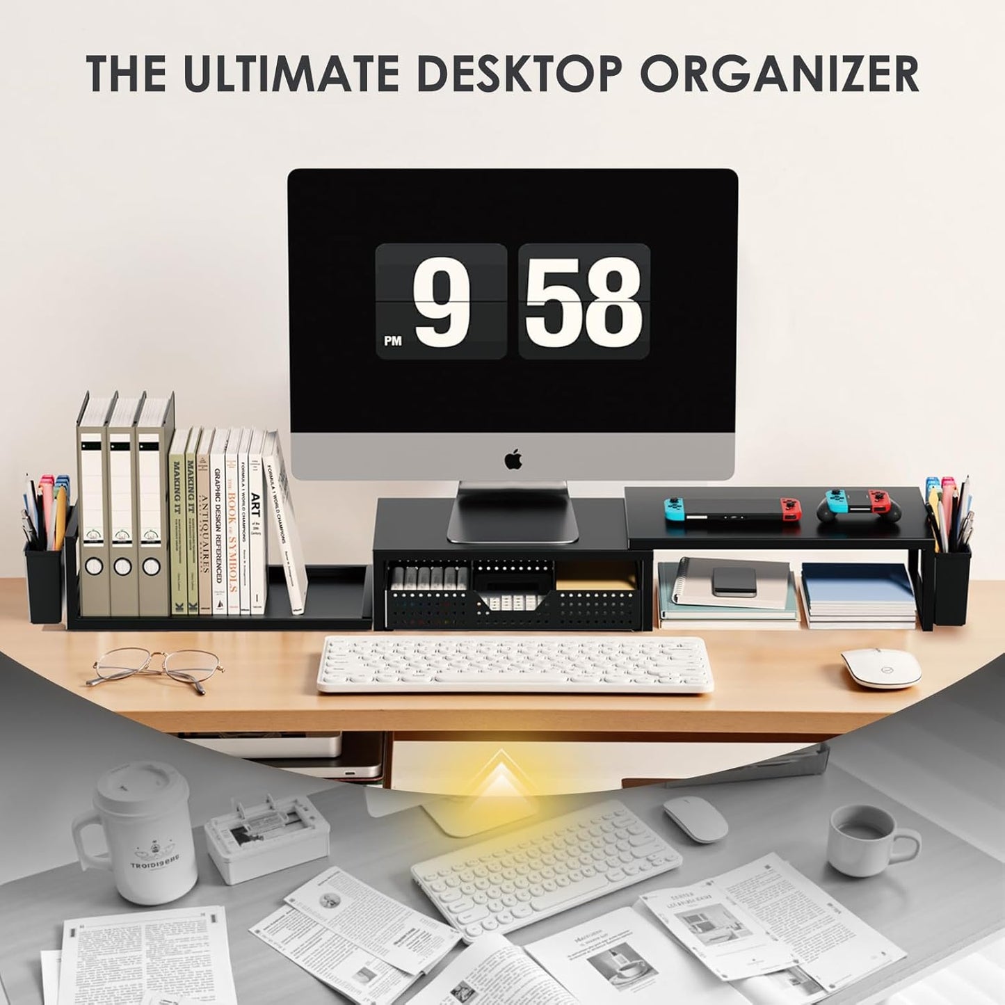 Desk Organizers and Accessories, Dual Monitor Stand Riser with Drawer and 2 Pen Holders, Desk Shelf Metal Computer Monitor Stand for Office Workspace Organizers, Desktop Organization (Black)
