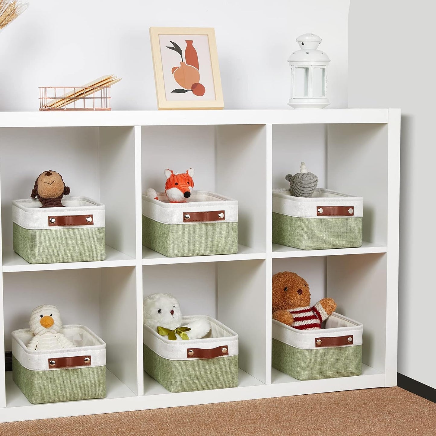 DULLEMELO Storage Baskets for Shelves, Small Fabric Collapsible Rectangular Storage Baskets for Organizing, Closets, Nursery, Home, Office, Empty Gift Baskets (6-Pack, White&Green)