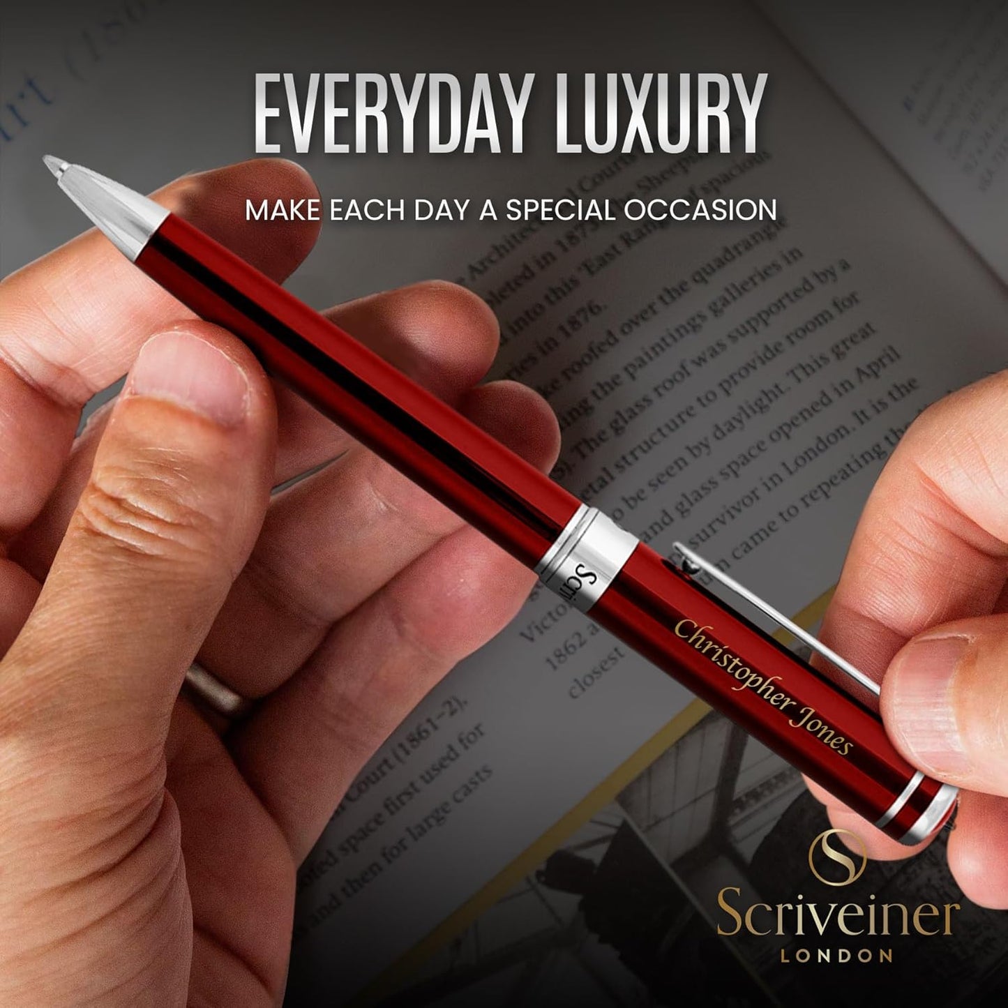 Scriveiner Personalized Deep Crimson Red Pen - Stunning Red Lacquer Luxury Pen with Chrome Finish, Schmidt Ink Refill, Best Engraved Ball Point Gift Set for Men & Women, Custom Name Engraving