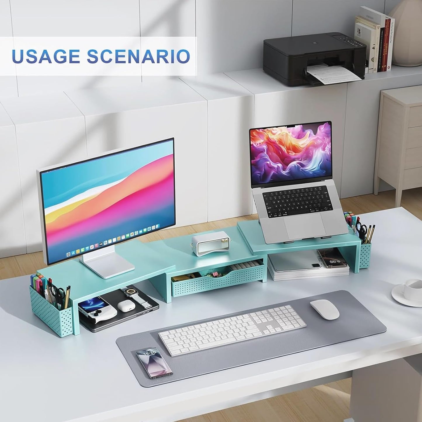 gianotter Dual Monitor Stand Riser, Desk Organizer With Drawer and 2 Pen Holders, Monitor Stand for Desk, Office Decor Essentials (Blue)