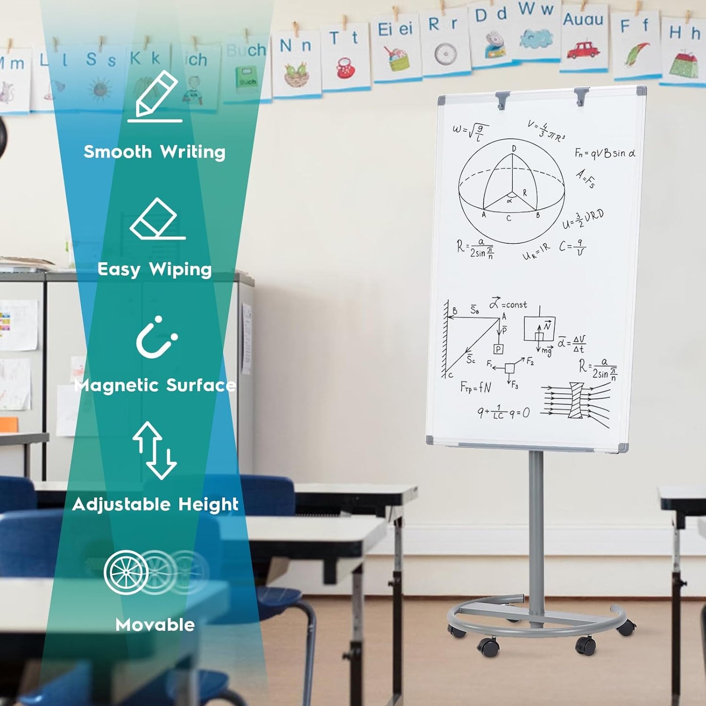 MAKELLO Rolling Whiteboard 3' x 2', Height Adjustable Dry Erase Board on Wheels, Mobile White Board for Office School Classroom Home Restaurant, Aluminum Frame, 36x24 in