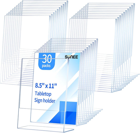 SUNEE 30 Packs Clear Plastic Sign Holders for 8.5x11 Paper, Vertical L-shape Frame for Displaying Signs and Menus