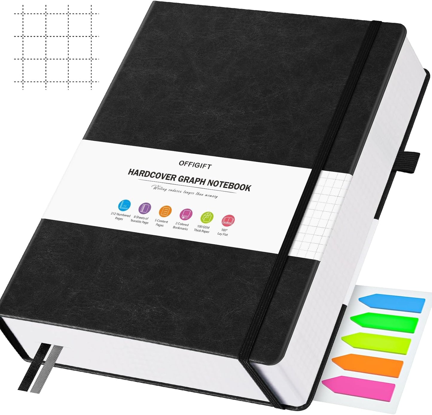 Graph Paper Notebook, 312 Numbered Pages Large A4 Hardcover Leather Journal, 100gsm No Bleed Grid Paper Notebook with Index Pages, Squared Grid Notebook for Graphing Notes Math, 8.5'' × 11'', Black
