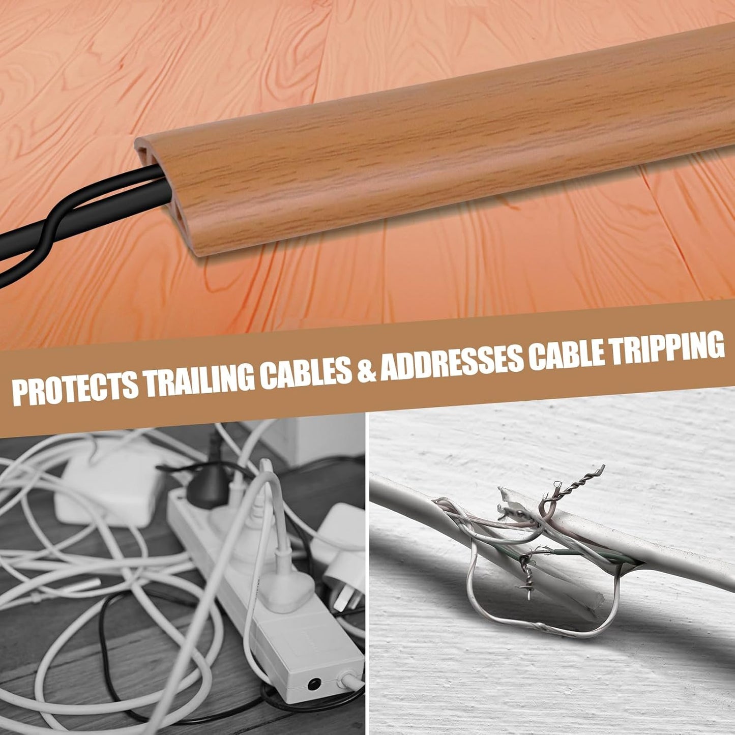Floor Cord Cover Self Adhesive Cord Hider,3.3FT Cable Management, Extension Strip Protector for Wires, Prevent Cable Trips for Offices, Gyms, Exhibitions Cavity:0.51"(W) x 0.3"(H) Brown Wood