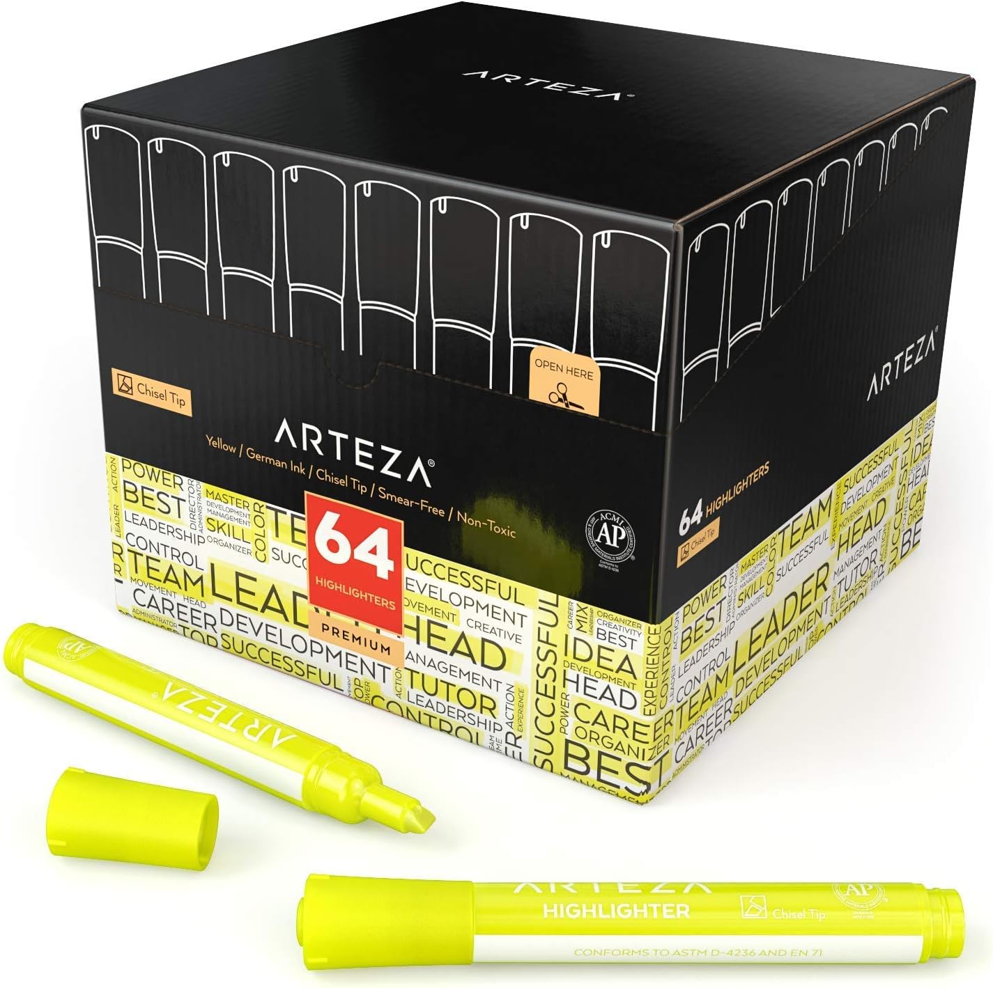 ARTEZA Yellow Highlighters in Bulk, Pack of 64, Chisel Tip Markers