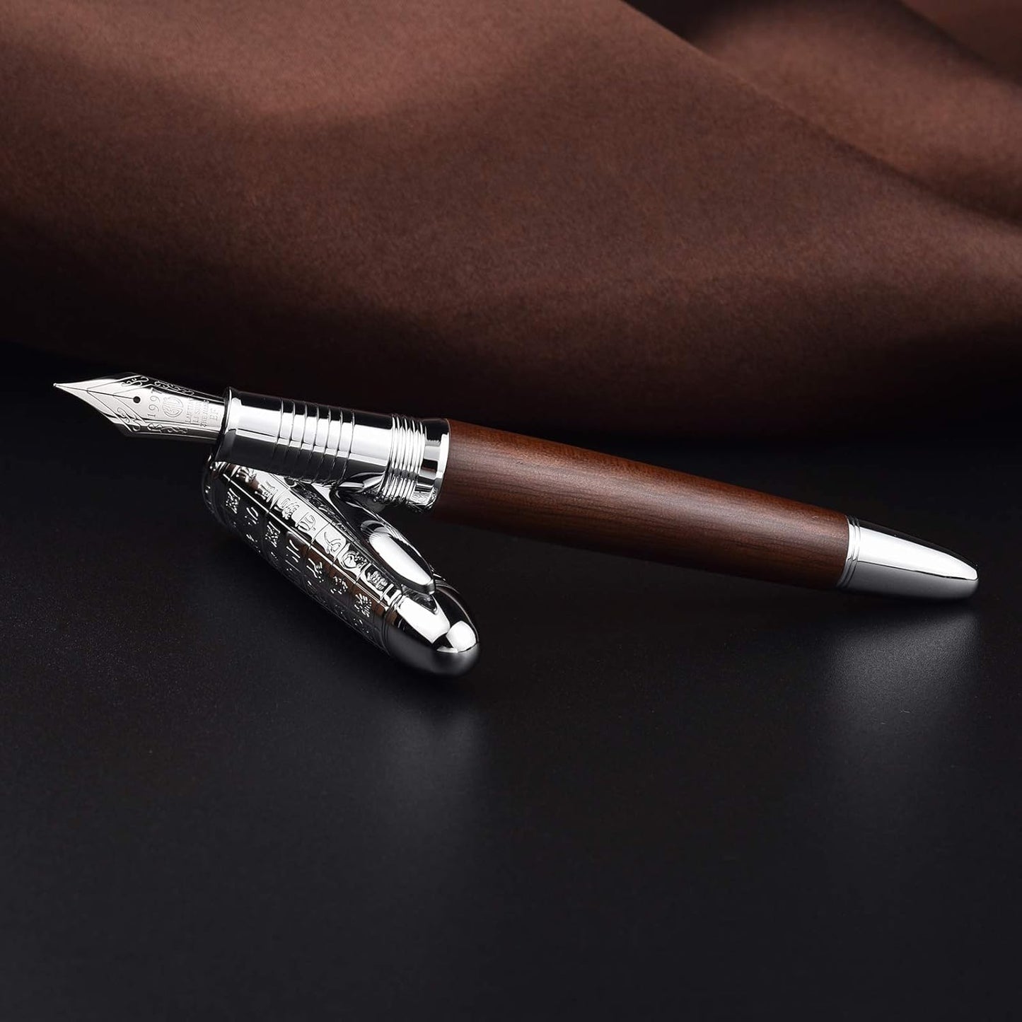 Asvine Hongdian 6016 Natural Wood Fountain Pen, Iridium Fine Nib Writing Pen with Metal Pen Case