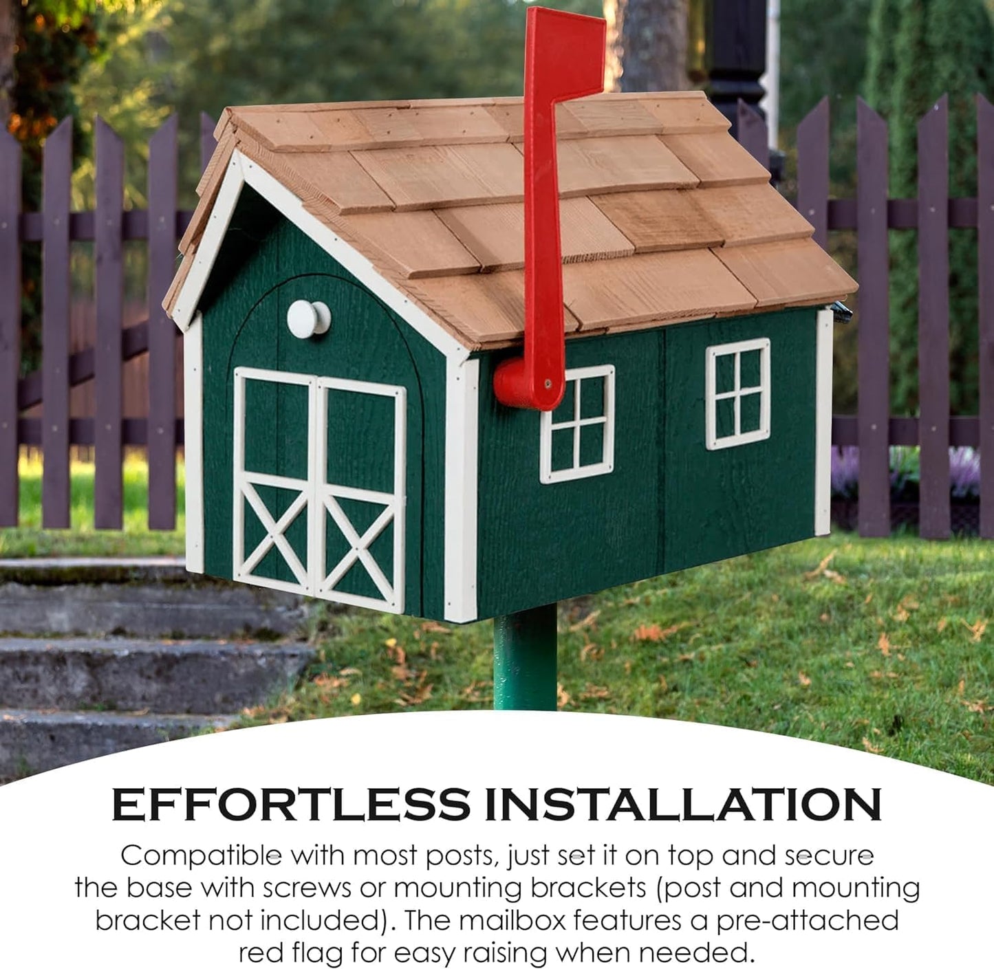 Peaceful Classics Amish Cedar Roof Wooden Mailbox with Window & Door Trim, Handcrafted Mailboxes for Outside, Post Mount Residential Mailboxes (Gray & Burgundy, Wood)