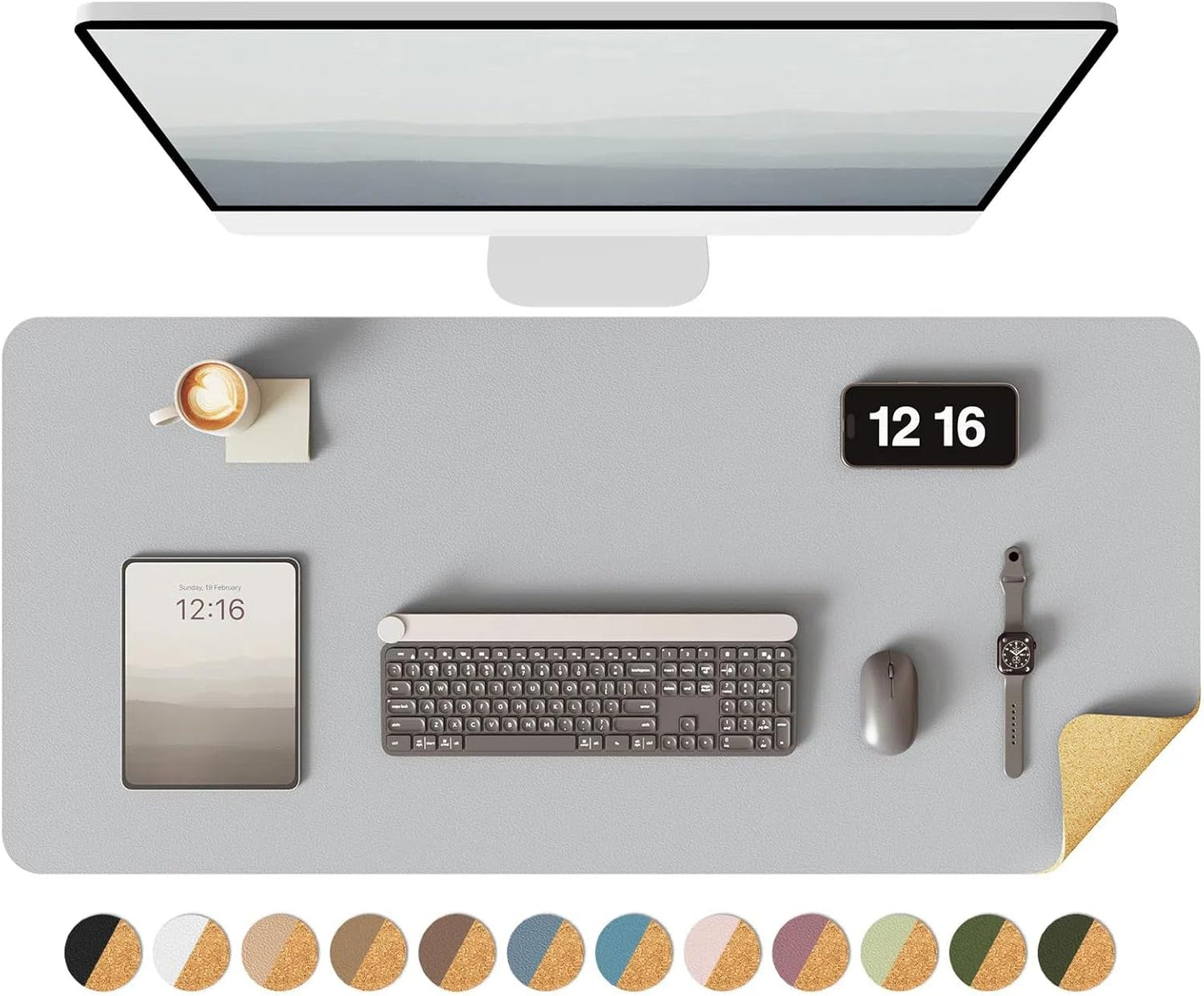 YSAGi Double-Sided Desk Pad, 35.4"x17"Leather Desk Mat, Eco Cork Desk Pad Protector,Large Mouse Pad,Waterproof Desk Blotter for Office/Home(Grey)
