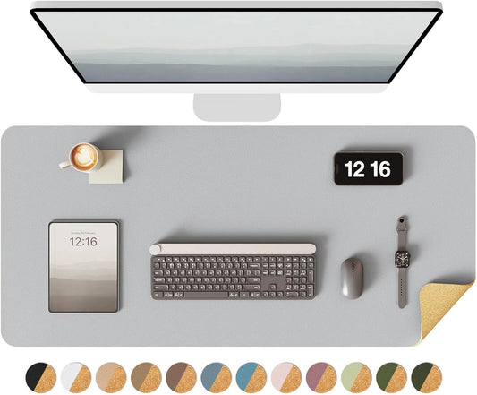 YSAGi Double-Sided Desk Pad, 35.4"x17"Leather Desk Mat, Eco Cork Desk Pad Protector,Large Mouse Pad,Waterproof Desk Blotter for Office/Home(Grey)