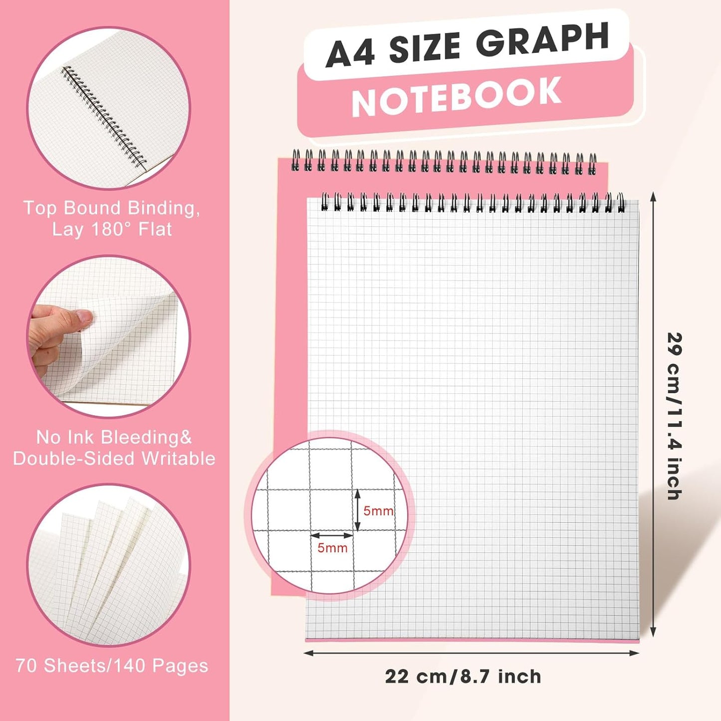 1 Pack Top Spiral Graph Paper Notebooks 8.7 X11.4 Inch A4 Grid Paper Notepad 70 Sheet Memo Steno Pad for Engineering Writing Sketching Drawing School Office Supplies (Pink)