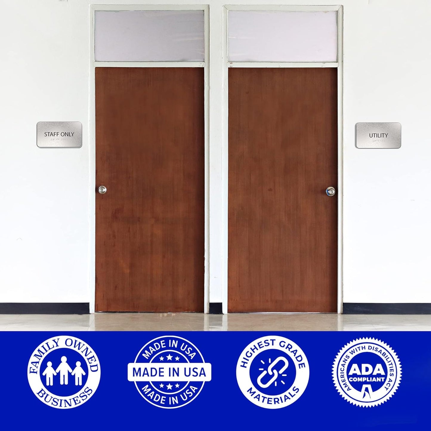 ADASigns Staff Only Sign 7" W x 4" H - Durable Brushed Aluminum with Grade 2 Braille - Easy Installation with Strong Double Sided Tape - ADA Compliant Office Door Signs for Businesses & Offices