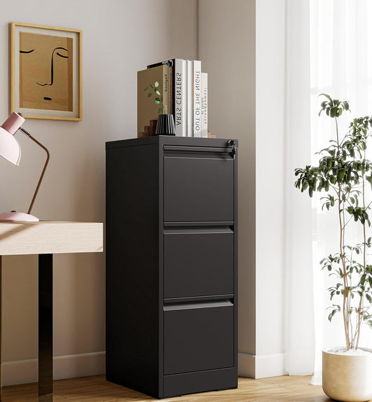 3-Drawer Locking Vertical File Cabinet, Metal Storage Cabinet for Office/Home – Secure Vertical Filing for Letter/Legal/A4/F4 Documents, Easy to Assemble Steel Cabinet, Black (Black, 3 Drawer-40 H)