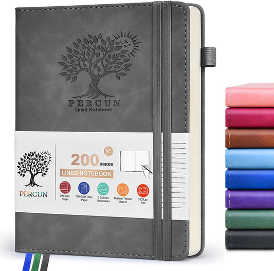 Lined Journal Notebook for Men & Women,200 Pages A5 Hardcover Leather Notebook (5.9"x8.5"), Travel Journal for Work, School, Business Writing, Note Taking, Notepad Diary (Grey)