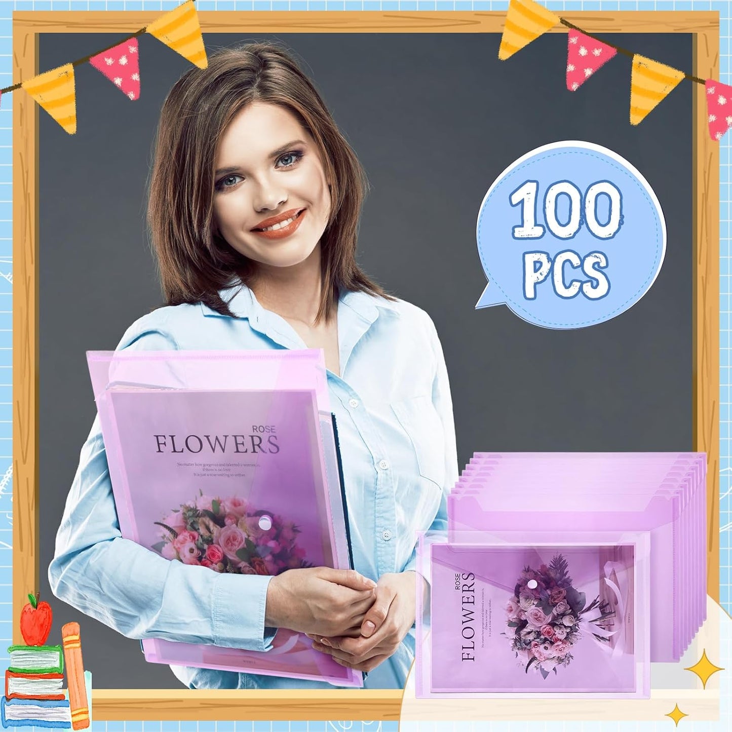 100 Pcs Clear Envelopes with Snap Button Closure Bulk A4 Letter Size Clear Plastic Envelope Folder Document Organizer File Folders for Office Home (Purple)