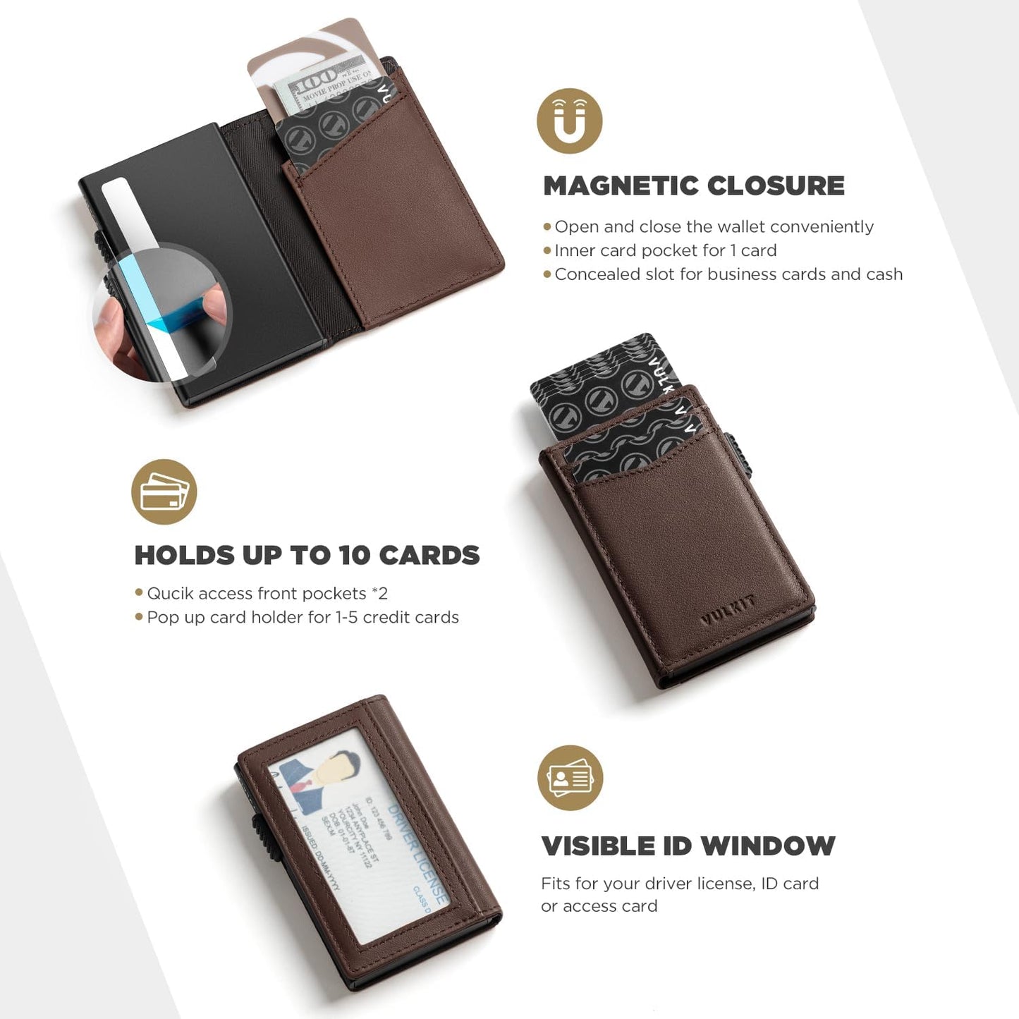 VULKIT Men's Wallet with ID Window Top Grain Leather RFID Blocking Minimalist Wallet Pop Up Card Holder Magnetic Closure