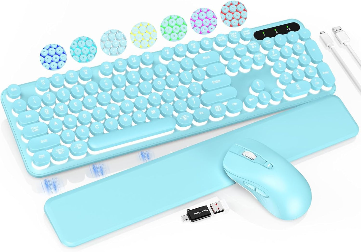 Wireless Keyboard and Mouse Backlit - Typewriter Keyboard with Retro Round Keycaps, Detachable Wrist Rest, Light Up Letters, 2.4G Rechargeable Combo for Mac, Windows, PC, Laptop, Trueque (Aqua Blue)