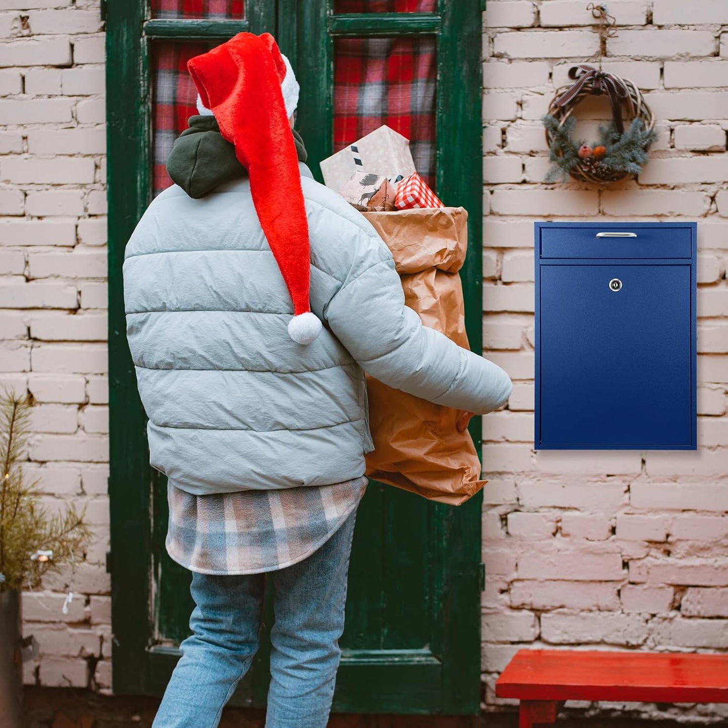 Locking Mailbox with Key for Outdoor 16.2 x 11.2 x 4.7 Inches Large Wall Mount Mail Box with Lock Security Mail Drop Metal Collection Boxes Hanging Secure Postbox(Dark Blue)