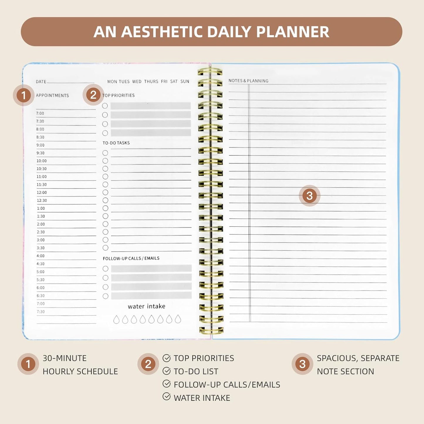 Undated Daily Planner - Spiral Notebook 80 Days One Day Per Page, Hourly Schedule, To-Do List, Notes, Everyday Planning Task, A5 Hardcover Journal Organizer Book Women Cute Aesthetic, Winter