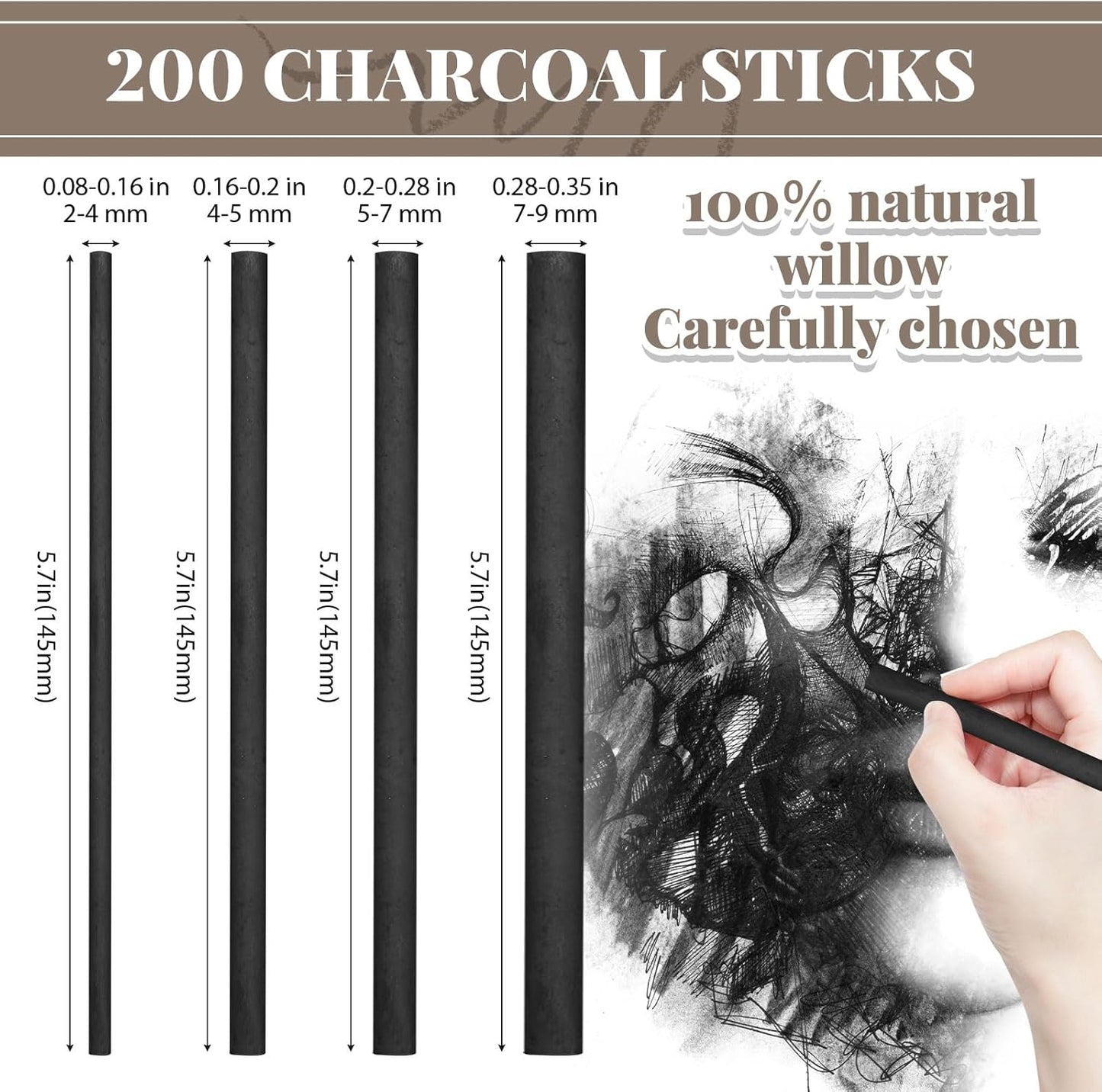 Gueevin 200 Pcs Willow Charcoal Sticks, Willow Charcoal, Artists, Beginners, Students, Perfect for Sketching, Drawing, Shading, and Fine Art (2-4mm,4-5mm,5-7mm,7-9mm)