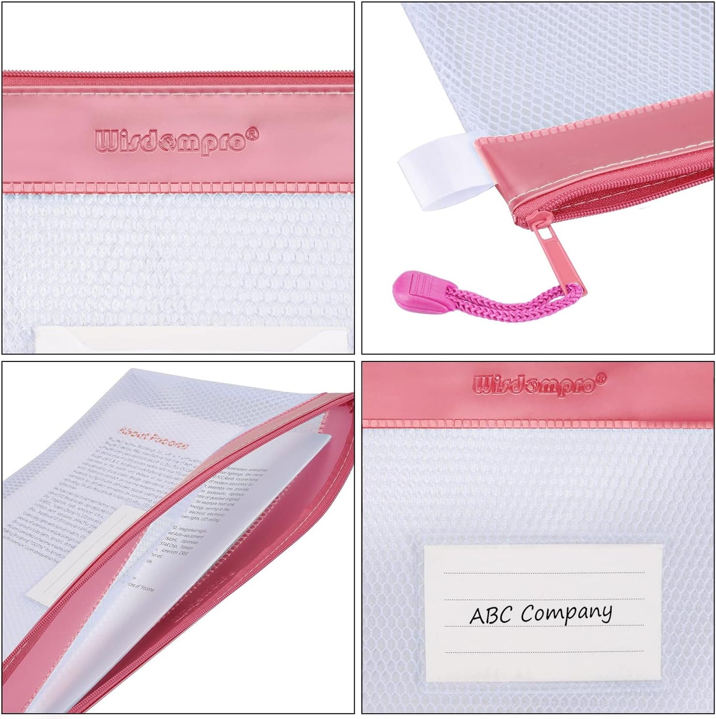 Zipper Pouch, Wisdompro 4 Packs Durable Letter Size Waterproof Mesh File Bag, Document Organizer - Pink