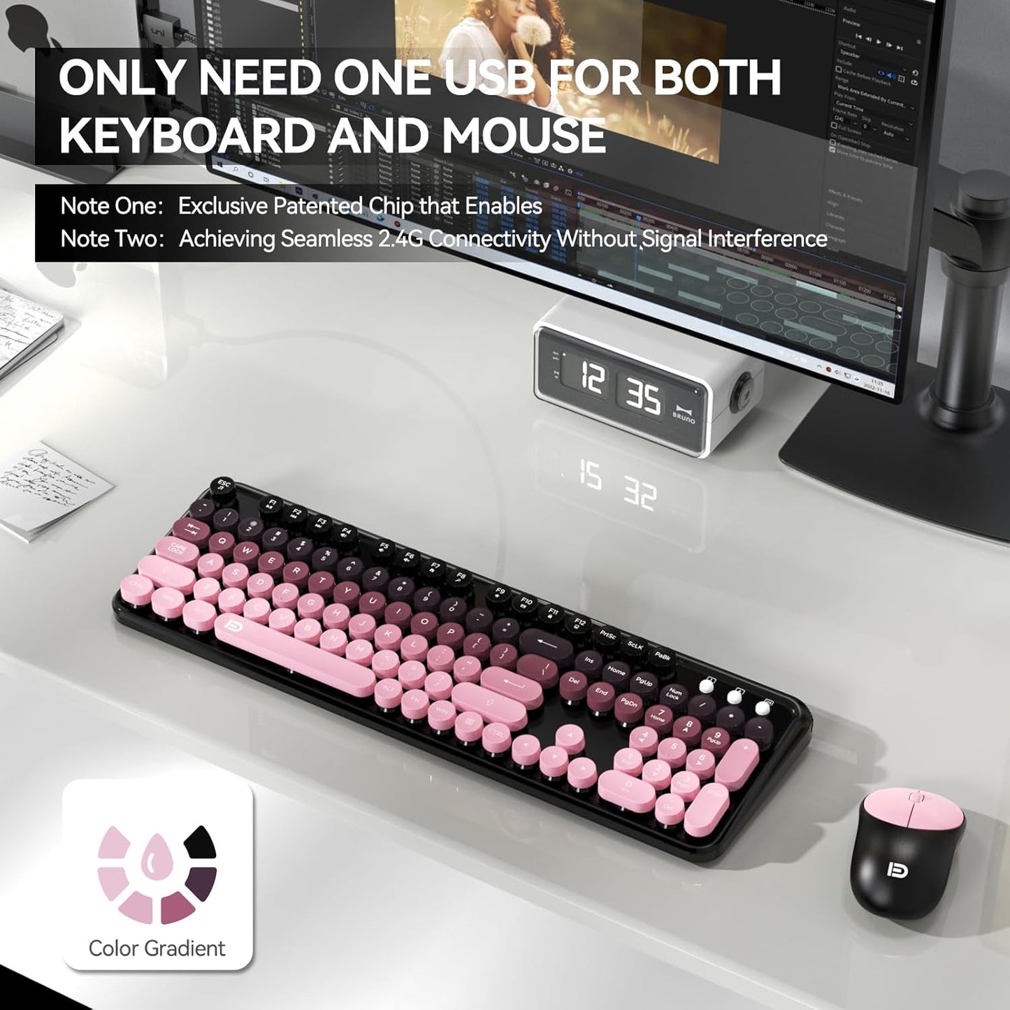 FD Wireless Keyboard and Mouse Combo - 2.4G Full-Sized Cute Colorful Mouse and Keyboard with 104 Round Keys Retro Typewriter Keyboards for Laptop/Windows/PC - Pink Gradient
