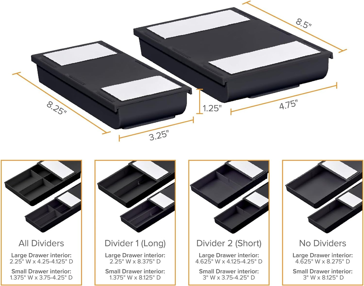 Bostitch Konnect Under Desk Drawer, Self-Adhesive Slide Out Storage Organizer with 4 Customizable Dividers, 2-Pack