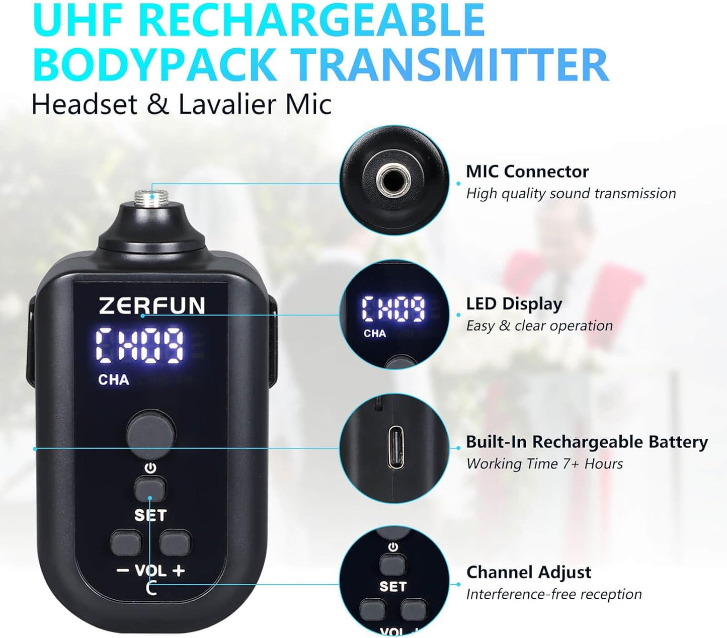 Rechargeable Wireless Microphone System 4 Channel Pro, UHF Metal Headset Lavalier Lapel Mics Cordless for Church Karaoke Singing with Volume Control, 4x50 Frequency(G8)