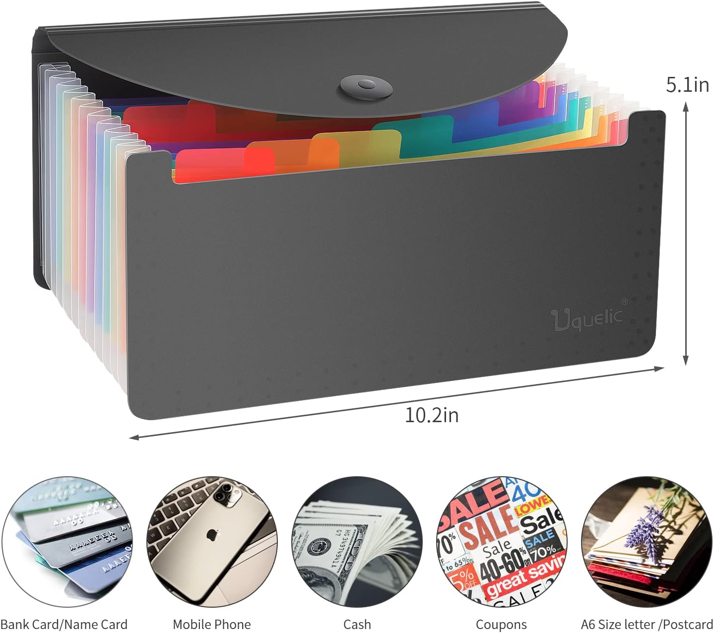 Uquelic 2 Pack Accordion File Folder - 13 Pockets Expanding Coupons Storage/Rainbow Large Capacity Bill Organizer for Desk with Label, Receipt Organizer for Business (Black&Clear)