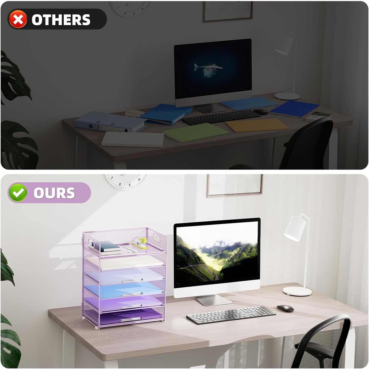 Marbrasse 6 Tier Paper Organizer Letter Tray - Mesh Desk File Organizer with Handle, Paper Sorter for Letter/A4 Office File Folder Holder - Purple