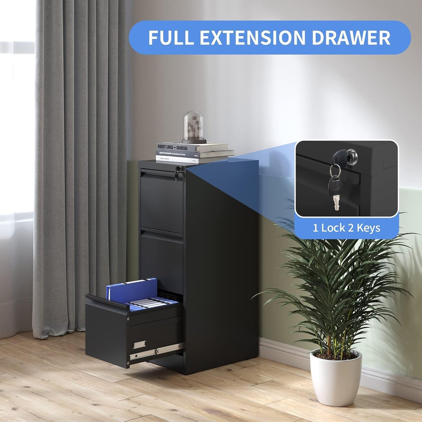 3 Drawer File Cabinet with Lock, Vertical Filing Cabinets for Home Office, Locking File Cabinet Hanging Files for A4/ Legal/Letter, Require Assembly, Black