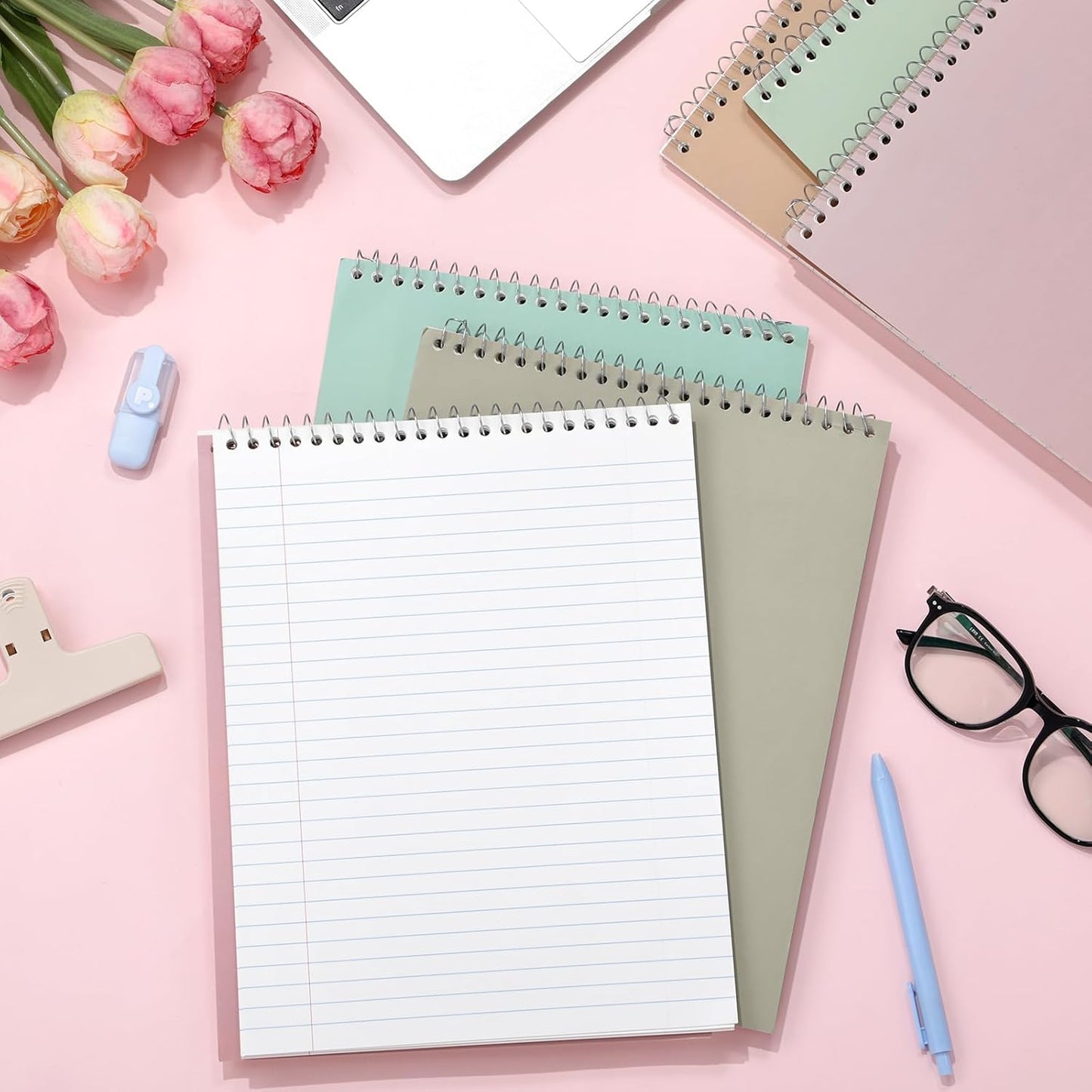 6 Pack 8.5 x 11'' Top Bound Office Steno Book Wide Ruled Double Sided Spiral Notebooks Reliable White Paper 70 Sheets/Pad Pastel Colors Covers for Writing School Notes(Bohemian Color)