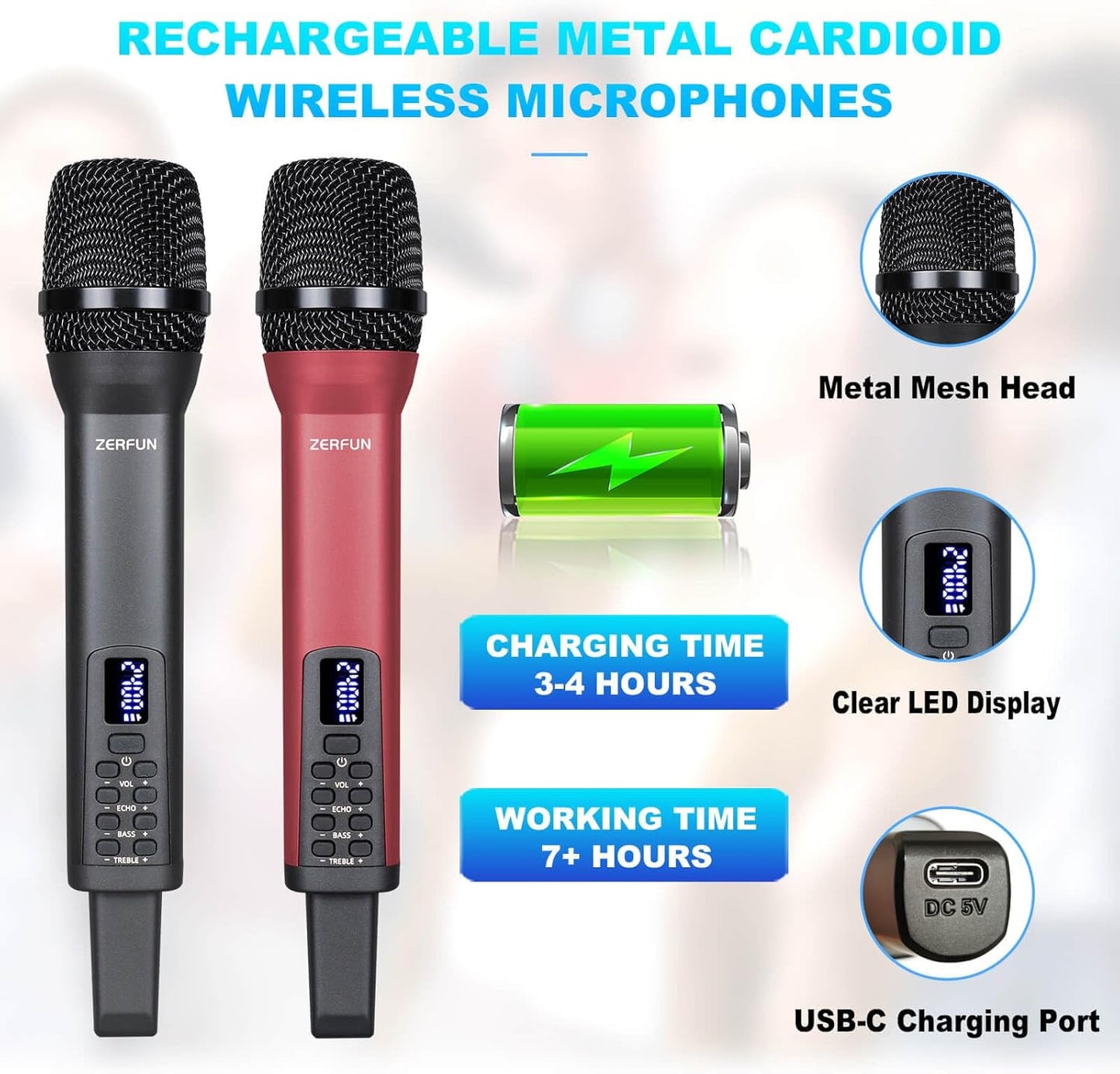 4 Rechargeable Wireless Microphones, Pro Handheld Cordless Mics System with Echo Treble BASS VOL Control for Karaoke Singing Church Party, 1/4'' Output, Grey&Red