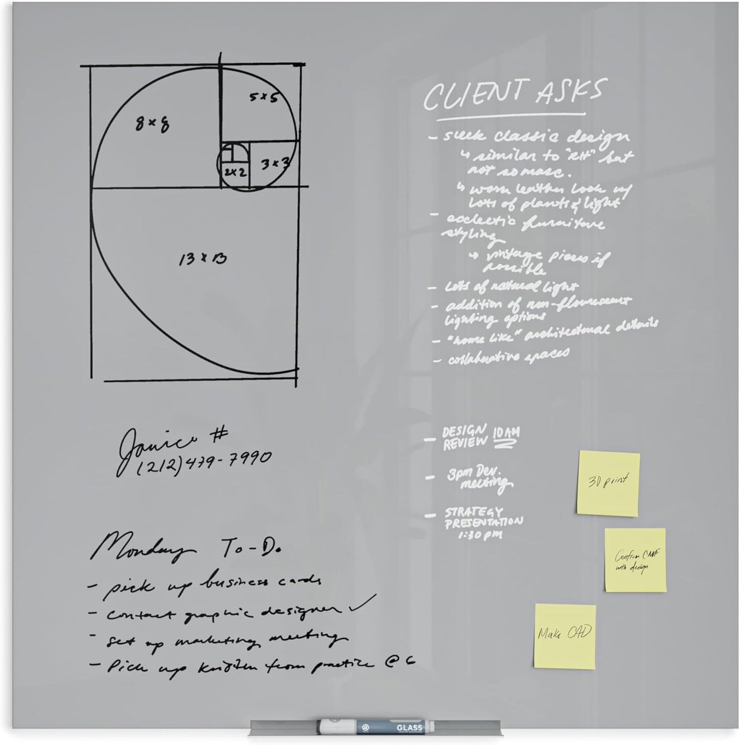 U Brands Glass Dry Erase Board, 36" x 36", 3'x3', Gray Surface, Frameless, Includes Marker