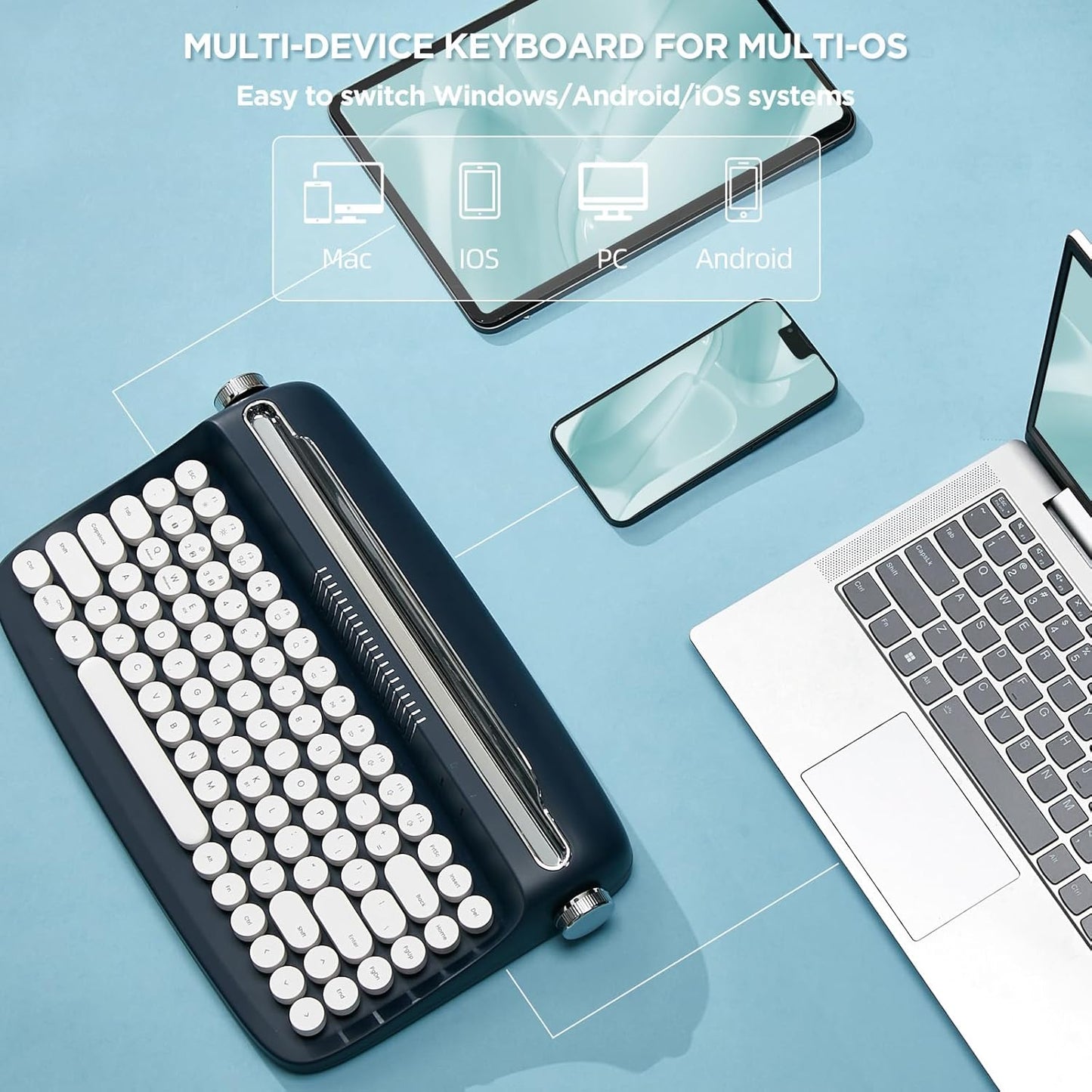 YUNZII ACTTO B303 Wireless Typewriter Keyboard, Bluetooth Connection, Cute Retro Aesthetic Design with Integrated Stand for Tablet, Phone, PC and Win/Mac/Android (B303, Midnight)