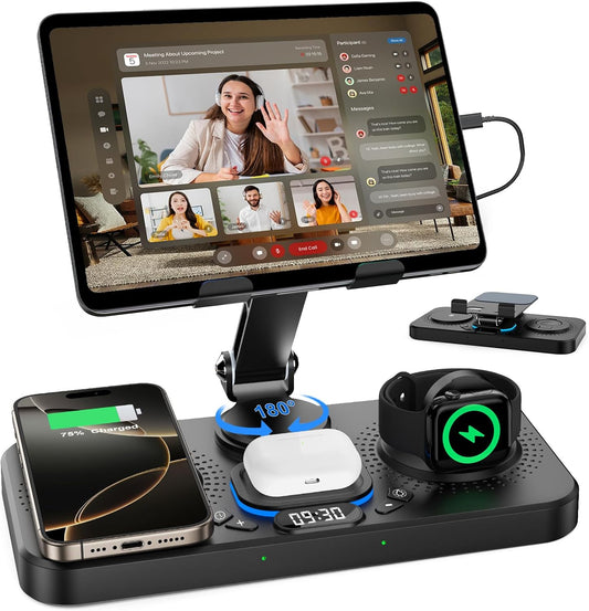 30W Charging Station for Apple Products, Foldable Wireless Charger with Clock Display&7 Color Light, Wired Charging for iPad/Tablet Charging Station for iPhone17, for Apple Watch10 for AirPods4(Black