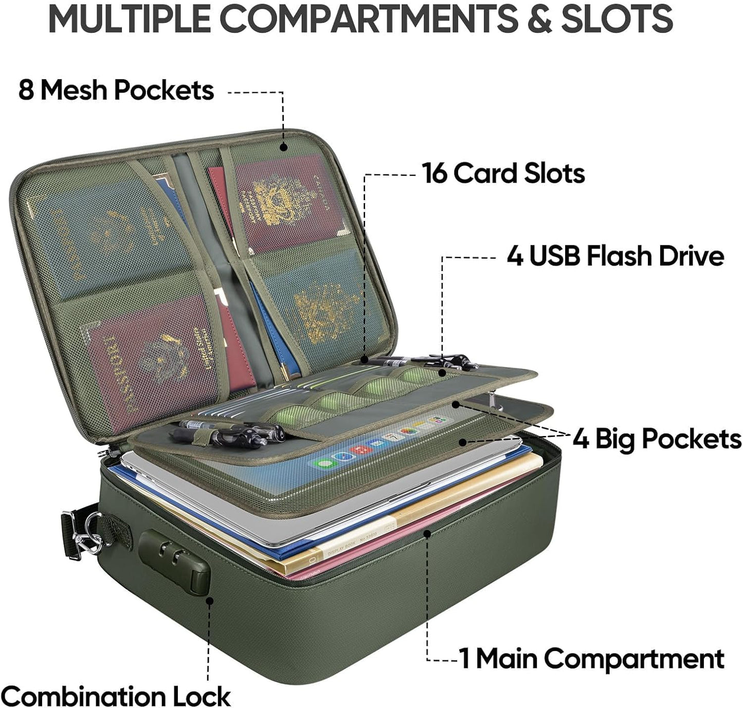 BALEINE Fireproof Document Box with Lock, Portable Fireproof Document Bag Waterproof Fire Proof File Boxes for Documents, File Organizer Box for Important Paperwork (Green, 15''x11''x4'')