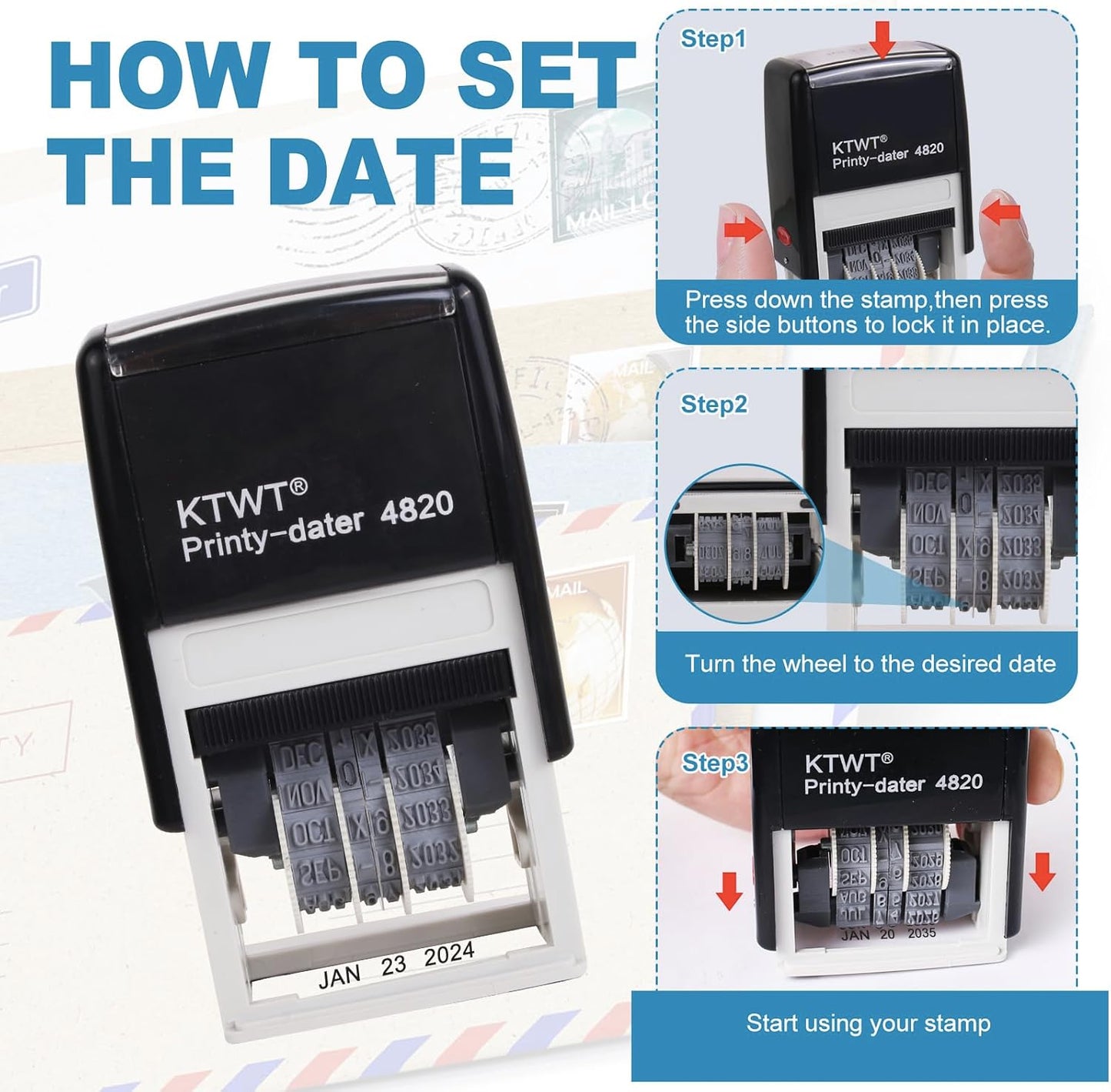 KTWT Self Inking Date Stamp Printy 4820 - Black Ink, Months in Letters, Characters 4mm, Imprint Black, Great for Shipping, Receiving, Expiration and Due Dates