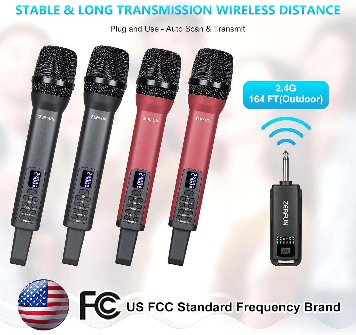 4 Rechargeable Wireless Microphones, Pro Handheld Cordless Mics System with Echo Treble BASS VOL Control for Karaoke Singing Church Party, 1/4'' Output, Grey&Red