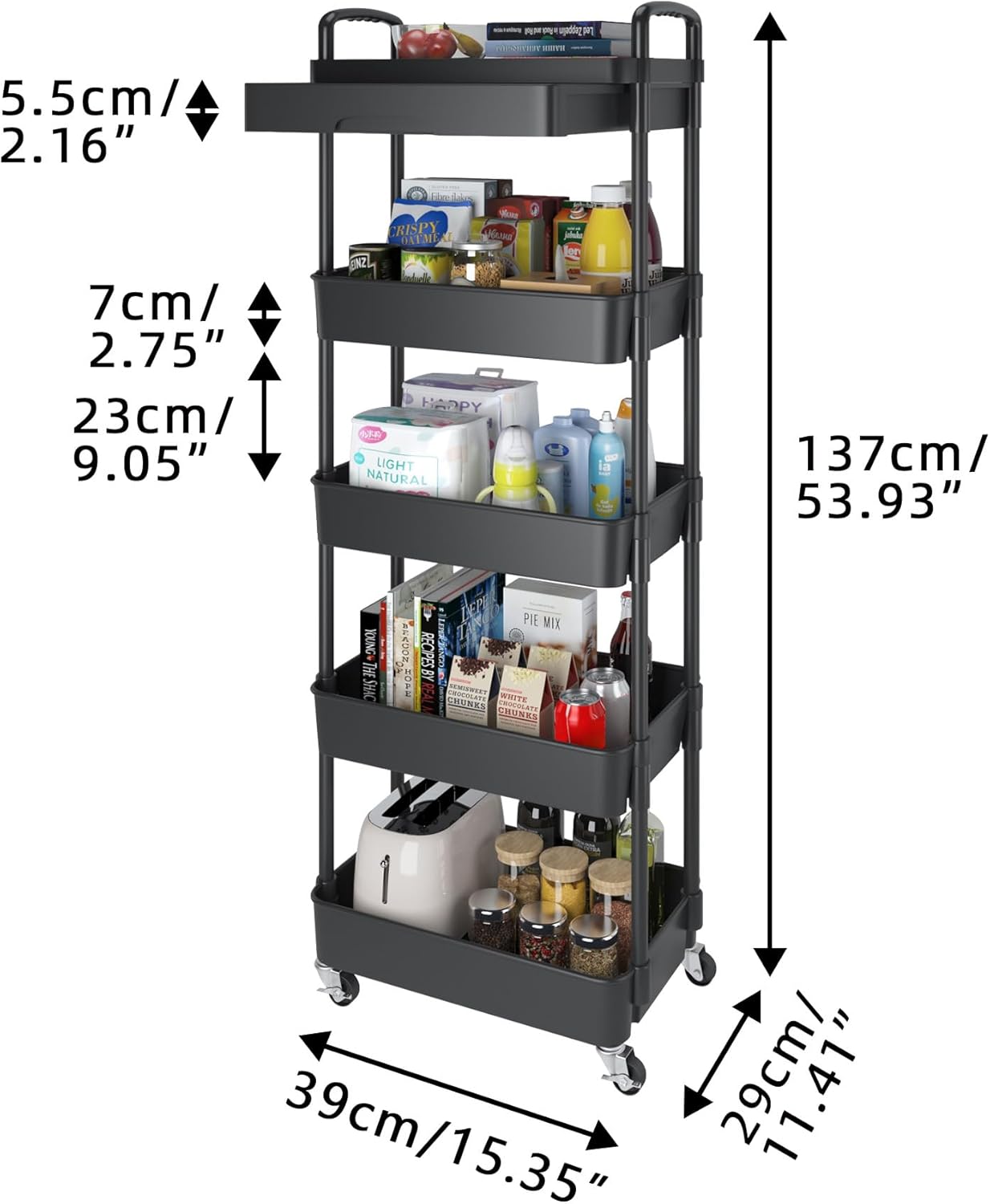 Calmootey 5-Tier Rolling Utility Cart with Drawer,Multifunctional Storage Organizer with Plastic Shelf & Metal Wheels,Storage Cart for Kitchen,Bathroom,Living Room,Office,Black
