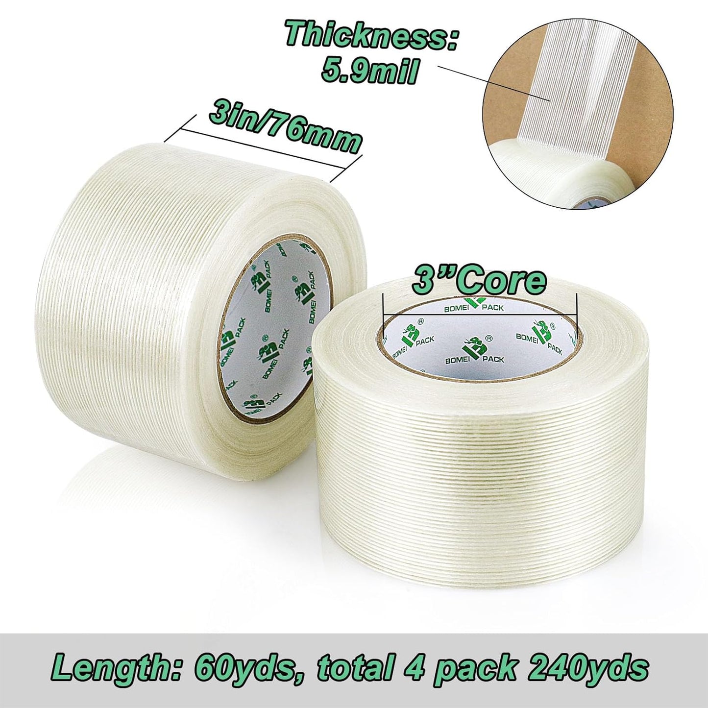 BOMEI PACK Fiber Reinforced Packing Tape 3 Inch, Heavy Duty Wide Strapping Tape, 4Rolls x 5.9Mil x 60Yds, Total 240Yds