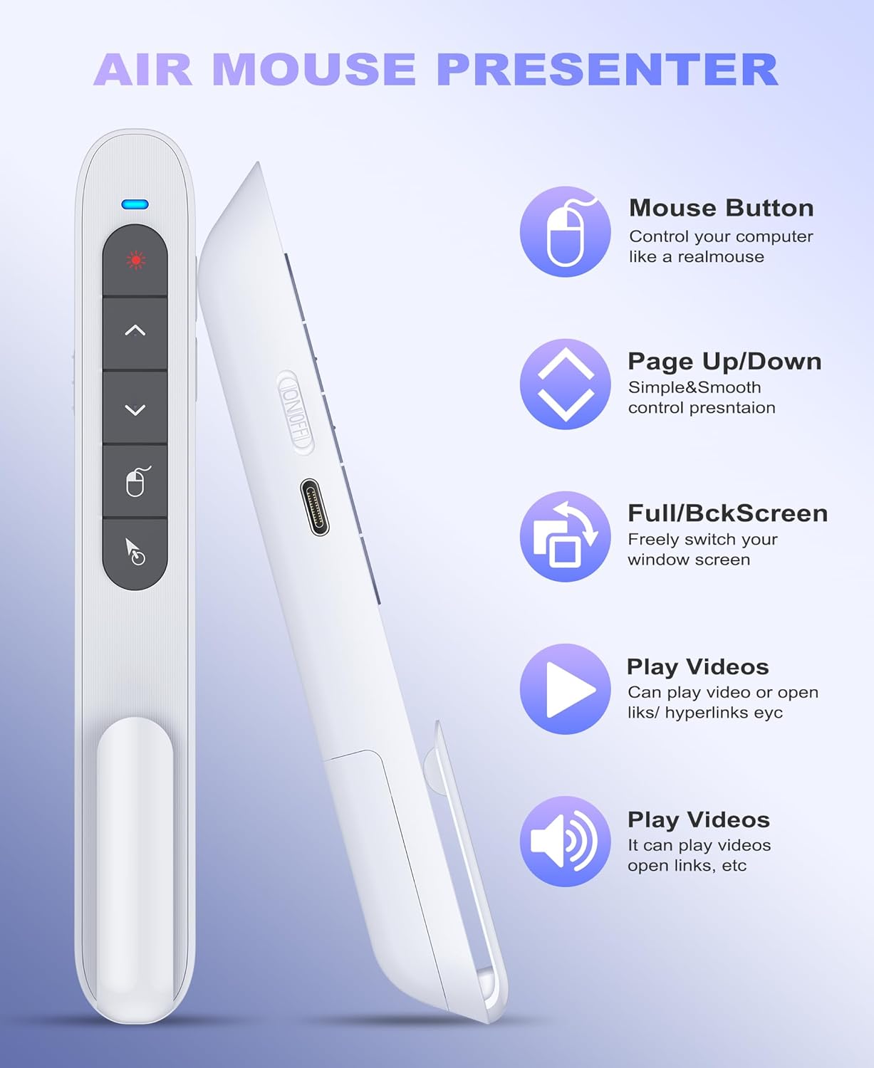 2 in 1 USB Type C Wireless Rechargeable Presenter Remote with Air Mouse, Volume Control Presentation Clicker PPT Pointer RF 2.4GZ PowerPoint Clicker Slide Advancer for Window Mac Keynote Google White