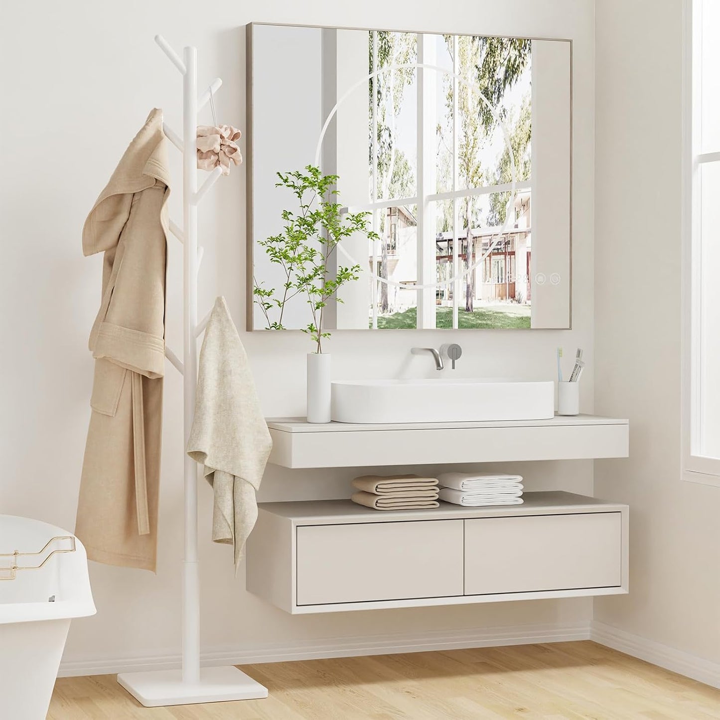 Coat Rack Freestanding with Stable Square Base for Cloathes, Hat, Used in Bedroom, Office and Entryway, Sturdy and Easy Assembly Coat Tree with 3 Adjustable Sizes and 8 Hooks, White