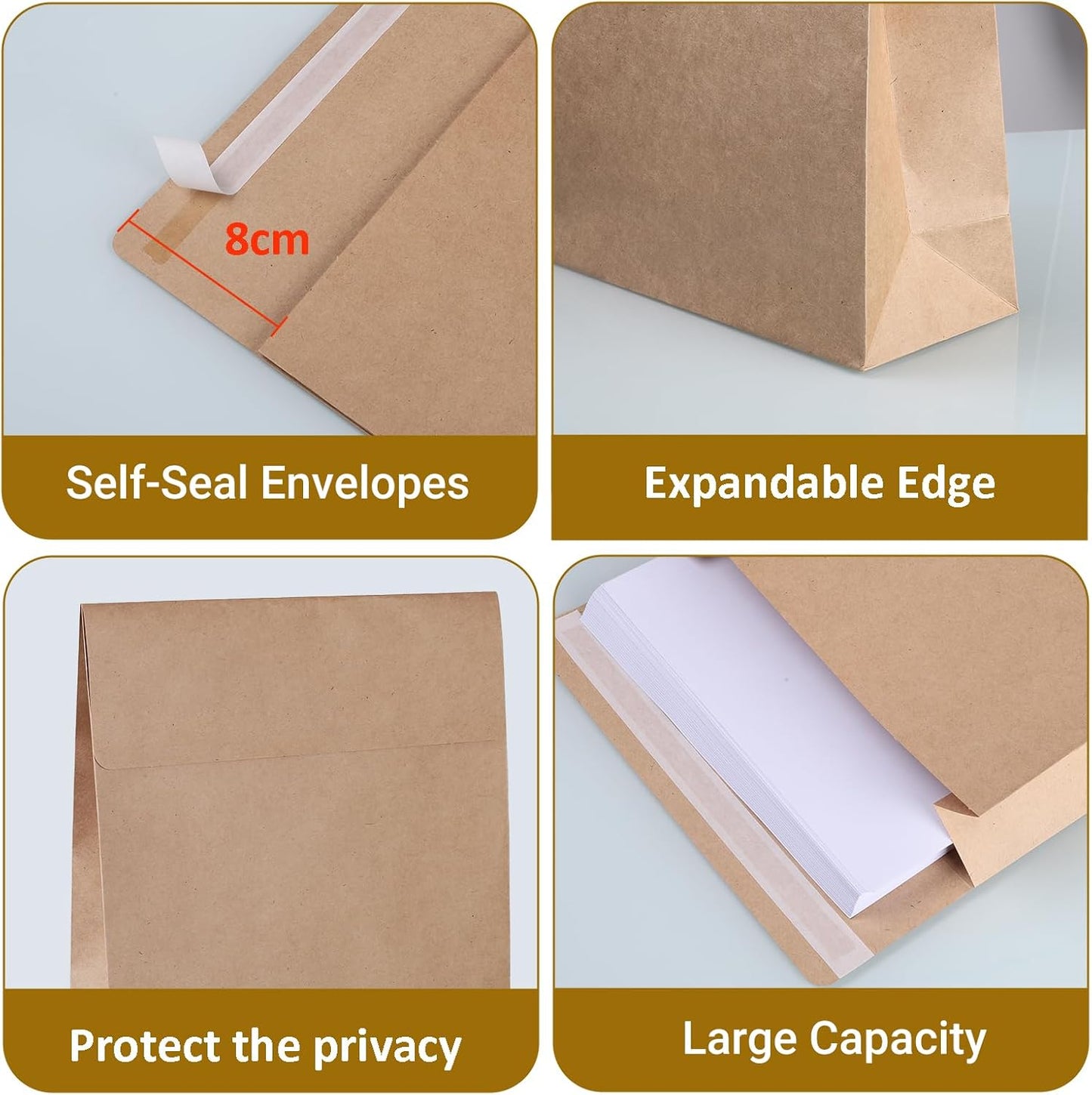 50 Pack 9.4" x 13.2" Expandable Catalog Envelopes, Large Kraft Document Envelopes Self Seal Manilla Envelopes Mailing for Documents, Magazines, Photos