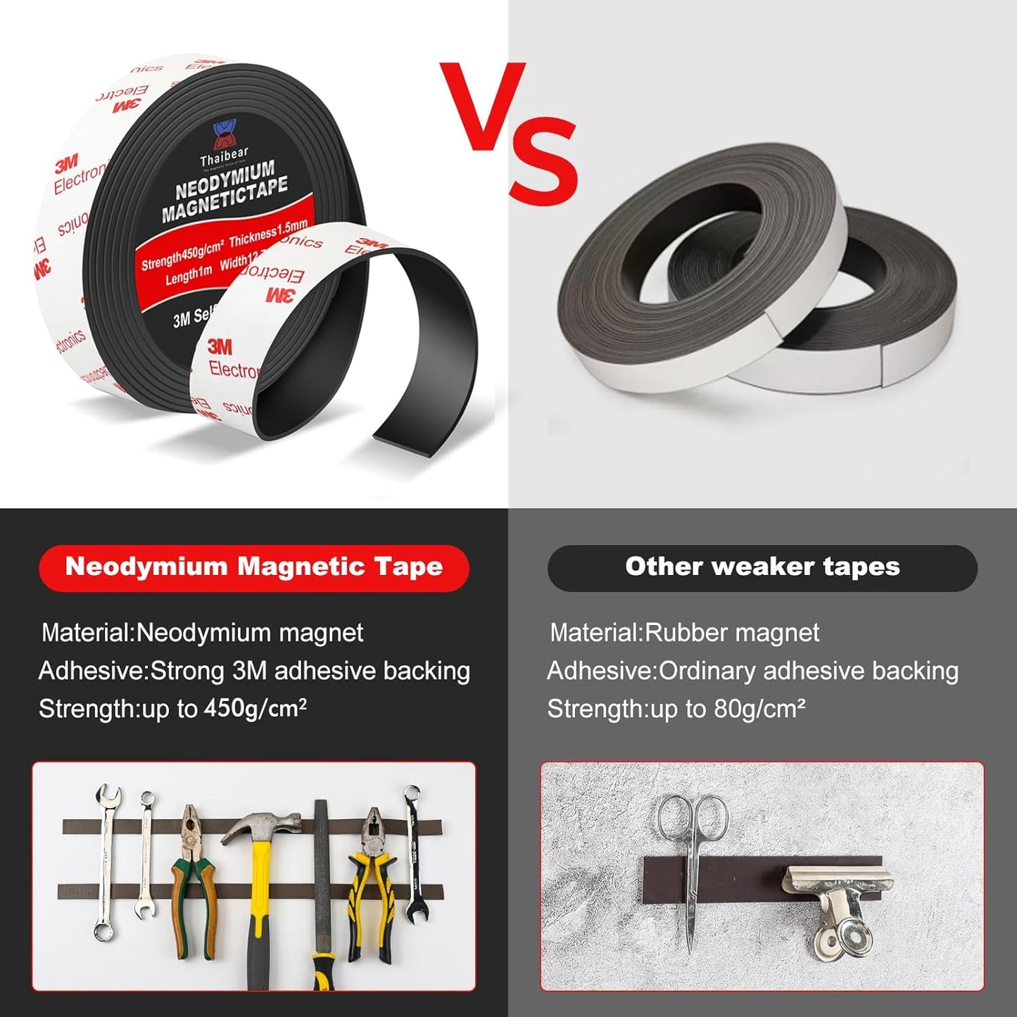 Neodymium Magnetic Tape, Flexible Magnet Tape Strips Roll (1/2'' Wide x 3.3 ft Long) with Strong 3M Adhesive Backing, Magnetic Strips Heavy Duty Perfect for Wall, DIY, Art Projects & Fridge