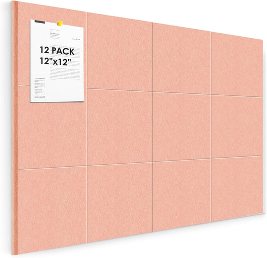 Cork Board for Wall,48"x36" 12 Pack Felt Wall Tiles with Safe Removable Adhesive Tabs, Bulletin Boards for Home Office Kitchen, Pin Board Notice Board for Photos, Memos, Pink